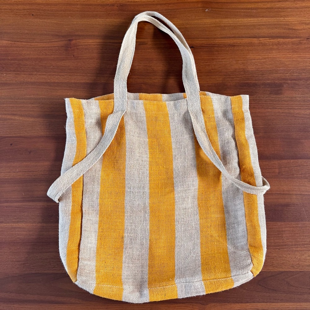 Saardé 100% Natural Woven Jute Market Bag in Mustard Stripe - Beach Pool Tote - Picture 3 of 15